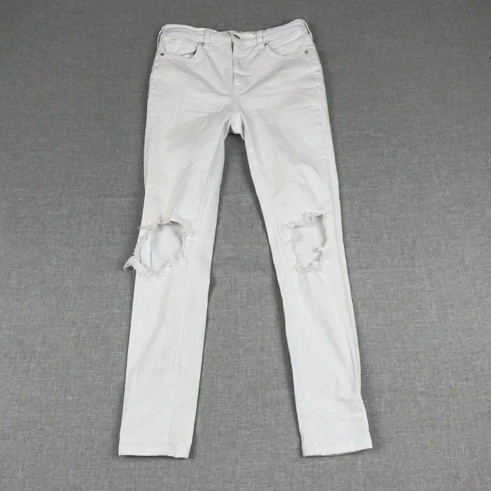 Free People Jeans Womens W 27R White Mid Rise Skinny Distressed Ripped Denim